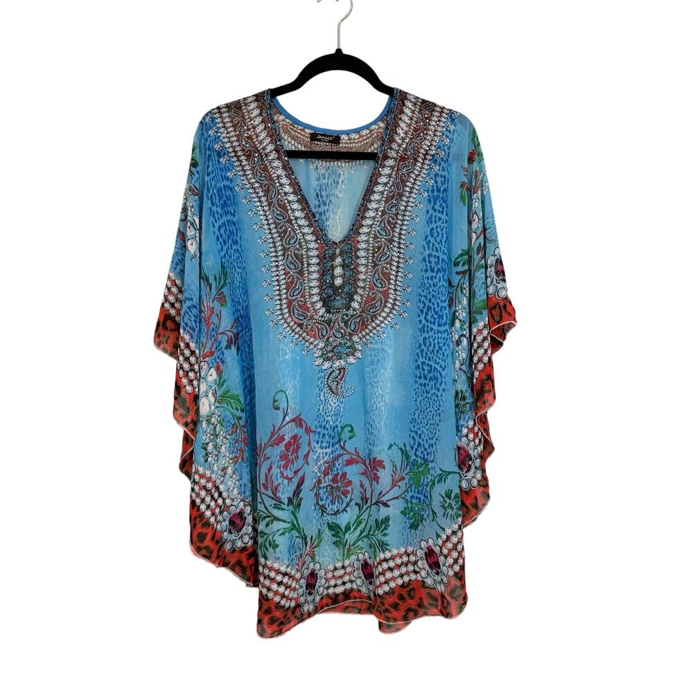 Janice Kaftan Tunic Swimwear Blue Paisley Atlantis Embellished Cover Up Beach
